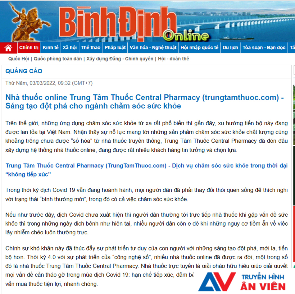 Báo Báo điện tử Bình Định: Nhà thuốc online Trung Tâm Thuốc Central Pharmacy (trungtamthuoc.com) - Sáng tạo đột phá cho ngành chăm sóc sức khỏe